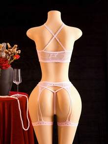 ChaseTheNight 3pcs Women's Sexy Solid Color Mesh Lingerie Set - Pink - View 3