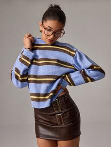 SHEIN Women's Wear Brushed Acrylic Multi-Stripe Knit Sweater - Multicolor - View 1