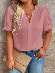 SHEIN LUNE CURVE Áo sơ mi cổ chữ V màu trơn dáng rộng, cỡ lớn, phong cách thường ngày, mùa hè. - Bụi hồng - Xem 3