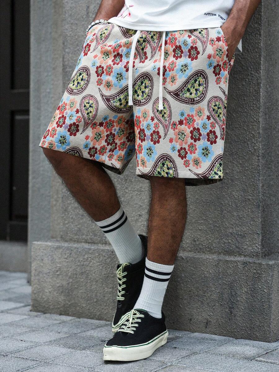 PAVTROS 男士卡其色提花编织图案短裤，宽松直筒版型，弹性腰带，时尚之选 - 卡其色 - 查看 1