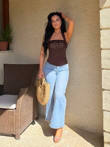 Vassilux Vintage Y2K Sequin Patchwork Slim Fit Racerback Tank Top For Women - Coffee Brown - View 6