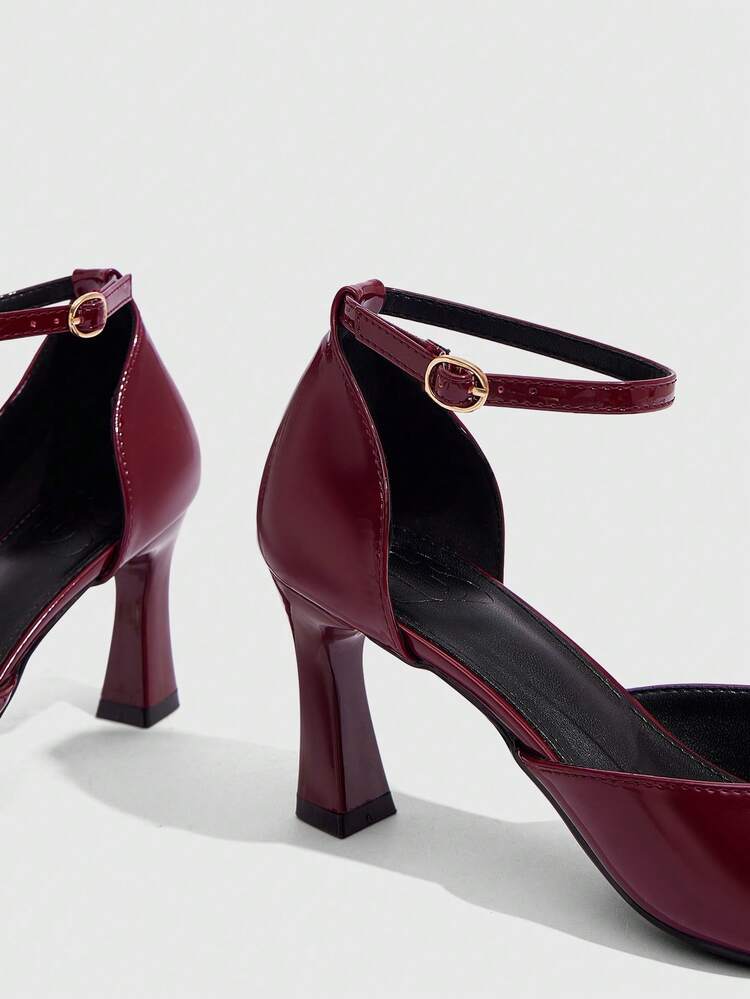 CUCCOO SZL Women Shoes Women's High-Heeled Shoes Spring And Summer New Patent Leather Material Solid Color Pointed Thick Heel 8 Cm Commuting Daily Dating Versatile Buckle Hollow Design Elegant Temperament Workplace Banquet Showing Height And Thinness Comfortable Women's Shoes