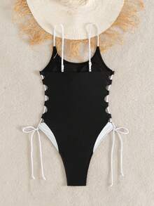 Swim Vcay 女士新款性感镂空交叉撞色连体泳衣，夏季 - 黑色 - 查看 2