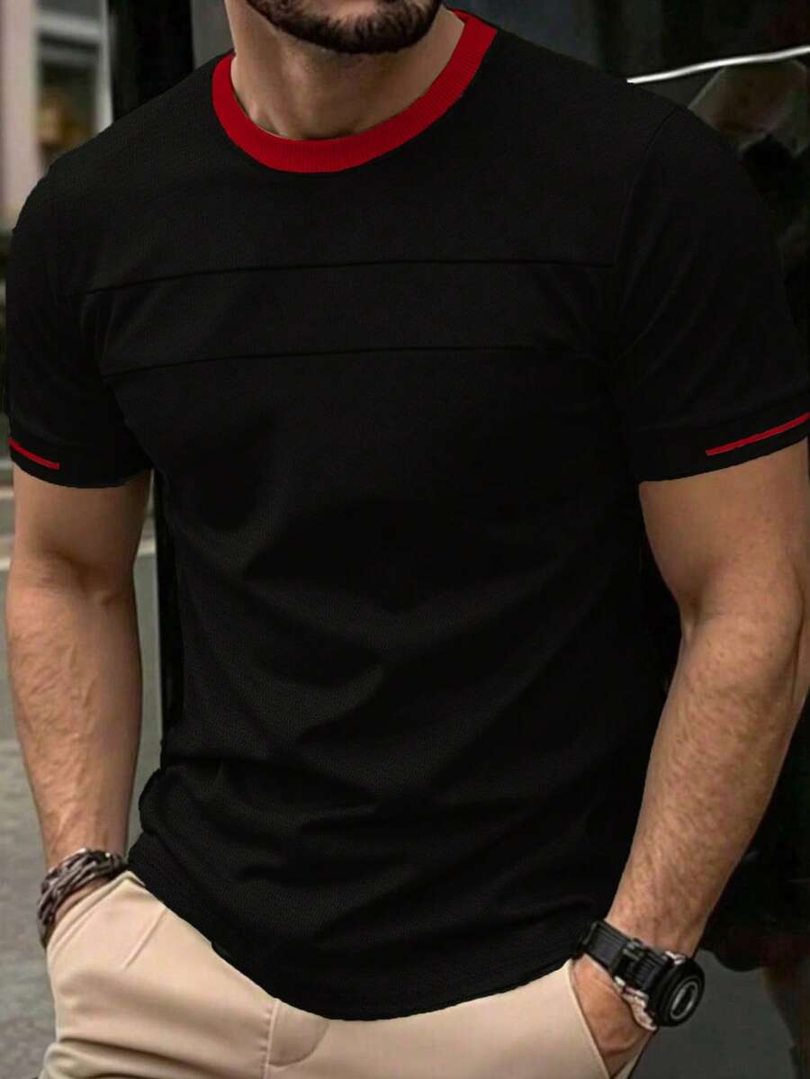Manfinity Homme Men's Contrast Color Round Neck Short Sleeve Casual Versatile T-Shirt - Black - View 1