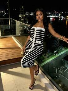 Slaydiva Women's Striped Button Design Fitted Midi Dress - Black and White - View 5