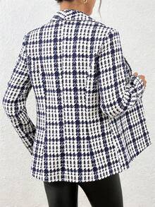 SHEIN 女士长袖修身性感西装外套，冬季女士休闲千鸟格纹西装外套，修身女士西装外套，商务休闲女装，休闲商务女装，办公室女装，高品质女士西装外套，商务休闲女装，休闲商务女装 - 藍白色 - 查看 2