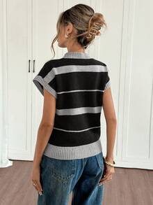 Siren Gaze 女士条纹圆领短袖休闲针织上衣 - 黑色 - 查看 2