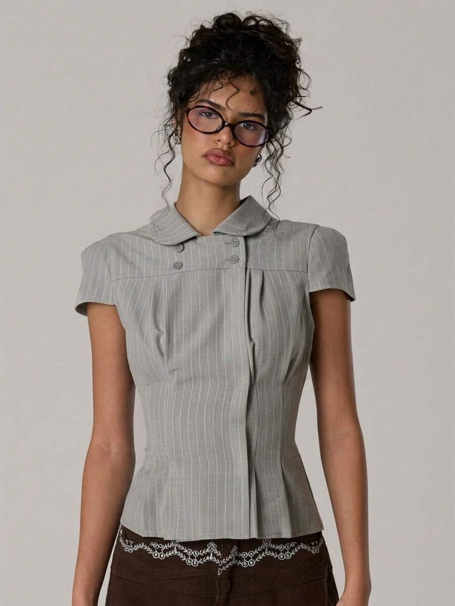 MUSERA Petal Sleeve Cinched Waist Stripe Shirt Top Spring Summer Cute Cosy Cottage Core Spring Y2k Coco Cloud Casual Elegant Y2K Office Mothers Day - Grey - View 1