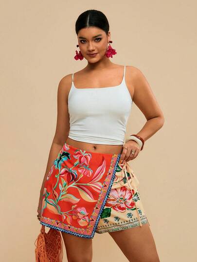 Travachic Plus Size Bohemian Casual Vacation Beach Shorts With Tie Decoration And Ruffle Hem For Women