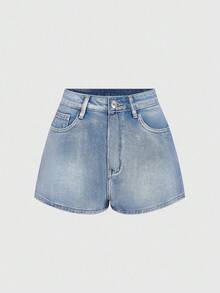 SHEIN Frenchy 夏季休闲水洗斜口袋牛仔短裤 - 淺色水洗藍 - 查看 5