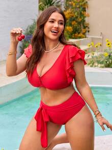 Swim Vcay Plus Size Women Solid Color Ruffle Sleeve Tankini Swimwear Set - Red - View 7