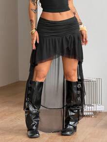 Coolane Women's Summer Streetwear Music Festival Disco Sexy Casual Black 90s Y2k Date Night Club Out Party Rave Elegant Mesh Stretchy Ruffle Tiered Skirt - Black - View 5