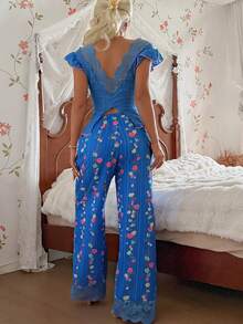 CottageSlumber V-Neck Back Short Sleeve + Ditsy Floral Long Pants Jacquard Pajama Set - Multicolor - View 6