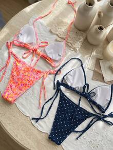 Swim Mod 4件套女士碎花、波点、随机印花性感露背比基尼套装，可调节细肩带露脐上衣和泳裤，适合海滩、游泳池、派对、春夏穿着 - 彩色 - 查看 2