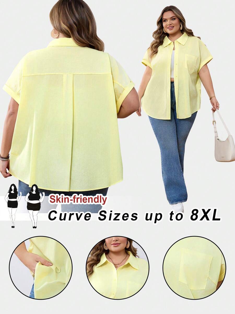 SHEIN CURVE+ 大码女式夏季衬衫，翻领宽松休闲短袖衬衫