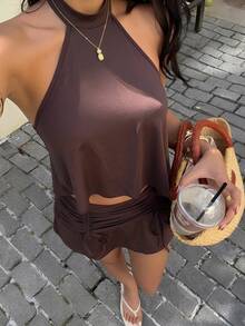 Aloruh 女士性感纯棕色露背系带吊带背心和迷你裙Y2K两件套，适合音乐节、度假和派对等场合。 - 棕色 - 查看 1