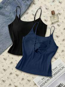 SHEIN Tall CURVE Plus Size Casual Versatile Solid Color Camisole With Padded Bra Cami Tops Summer Tops Ribbed Tank Tops - Multicolor - View 2