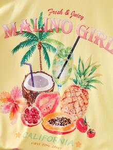 Sparklyn 热带水果印花短袖上衣搭配条纹阔腿裤套装。上衣采用里约热内卢风格的棕榈树和新鲜水果印花，搭配粉白条纹阔腿裤，裤腰采用松紧带设计，穿着舒适宽松。柔软透气的面料和清新的配色营造出休闲舒缓的氛围，非常适合居家休闲或轻度户外活动。 - 黃色 - 查看 11