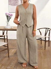 Lounesse Plus Size Summer Casual Solid Color Vest & Pants 2 Pieces Set - Apricot - View 2
