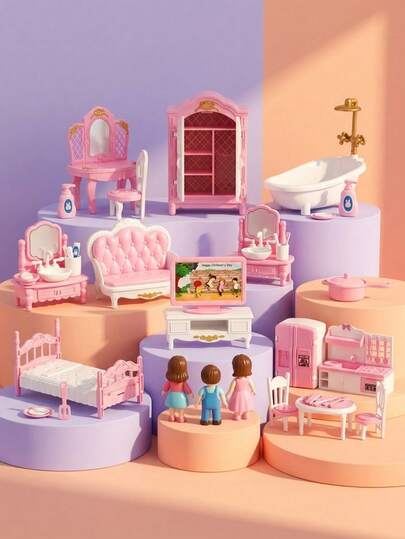 MINKOJA 儿童游戏屋迷你家具套装，包含客厅、卧室、厨房和浴室配件，适合幼儿园、儿童厨房套装、娃娃屋女孩、儿童卧室、美国女孩娃娃家具、厨房、复活节、复活节礼物、儿童节、儿童过家家玩具