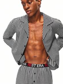 Rest Era Black & White Plaid Logo Elastic Collar Pajama Set For Men, Winter Clothes - Multicolor - View 4