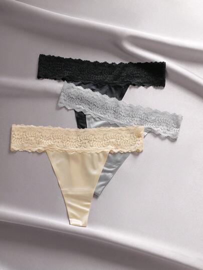 EmpressEnvy 3件套性感优雅花卉蕾丝拼接缎面丁字裤，舒适贴身内衣套装