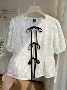 SHEIN EZwear 大码休闲度假衬衫，3D镂空蝴蝶结领，A字廓形，春夏款 - 白色 - 查看 4