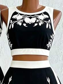 Franclia 2pcs/Set Women's Summer Floral Print Camisole Top And Wide Leg Pants, Loose Fit, Suitable For Commuting, Daily Wear, Elegant Style Ladies Summer Holiday Clothes Two Piece Outfits For Ladies Travel Resort Vacation Outfits Women Outfit For Beach For Women Boat Cruise Outfit Women Two Piece Dresses For Women - Black - View 3
