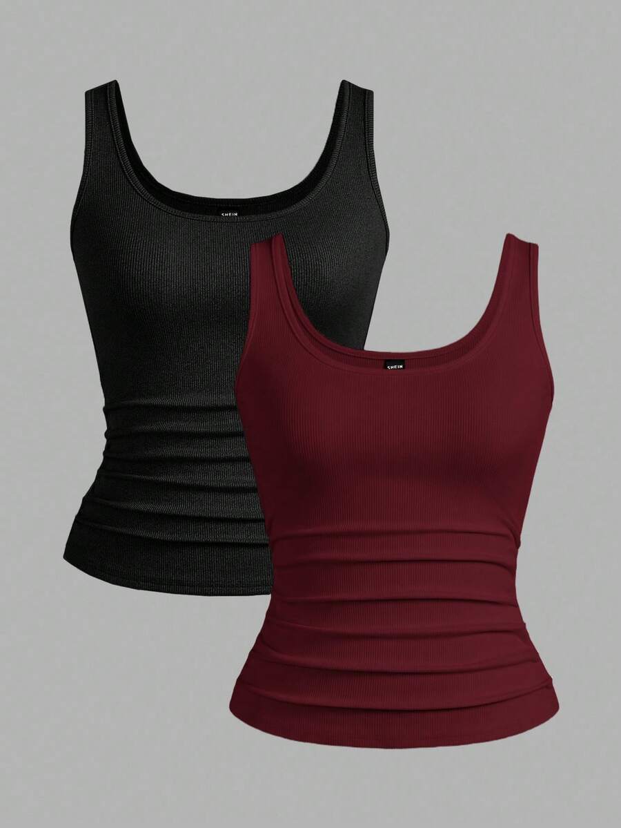Slaydiva 2pcs/Set Black + White Casual Basic Camisole Sleeveless Deep V-Neck Ribbed Tank Top For Women,Summer Top - Multicolor - View 1