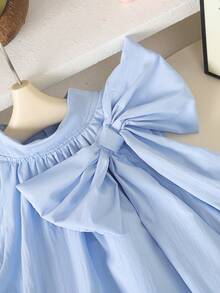 Elladie kids Đầm thanh lịch tối giản với nơ lớn dành cho bé gái, thích hợp cho mùa hè. - Màu xanh nhạt - Xem 5