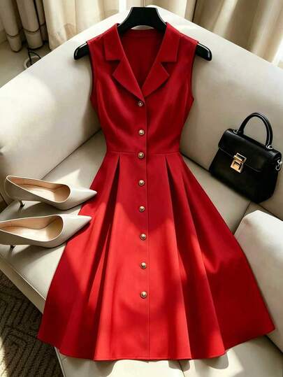 Franclia Sophisticated, Elegant, Uniquely Styled, Button-Down, Fitted Waist, Sleeveless A-Line Red Women's Dress; Suitable For Spring, Elegant Dresses, Party Dresses, And More; Also Features Metallic Embellishments.Summer,Spring,Easter,Festival,Party,Beach,Wedding,Graduation,Going Out,Prom,Birthday,Elegant,Vacation,Casual, Luxury,Sports,Formal,Graduation Season Attire, Fashionable Casual Commuter Wear, Business Office Wear, Versatile And Stylish Everyday Casual Wear, Urban Teacher's Professional Attire