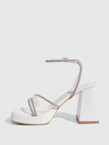 CUCCOO SZL Women's Square Toe Rhinestone Ankle Strap Sandals For Christmas Summer Shoes - White - View 4