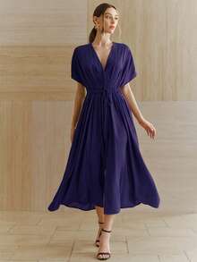 Anewsta 女士新款春夏亚麻紫色优雅深V领蝙蝠袖褶皱系带连衣裙，适合日常、派对、聚会、度假等场合。 - Bold Plum - 查看 4