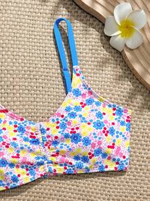SHEIN Tween Girls Colorful Ditsy Floral Bikini Set,White Summer Cute Pool Party Vacation Holiday Bathing Suits For Teens,Knit Fabric Side Tie Swimwear Set - Multicolor - View 4