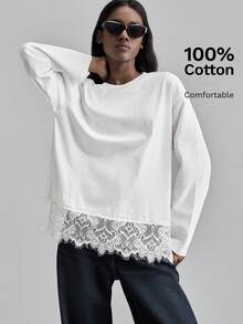 Ontre 2026 SS Maglietta in pizzo e pannelli, Maglie casual da donna per vacanze e feste, Elegante camicetta in maglia leggera, Scollo tondo, Bianco, Design minimalista, Adatta per ufficio, tempo libero, vacanze, feste - Bianco - Visualizzare 6