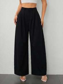 SHEIN PETITE 性感黑帮妻子派对基本款纯色炭灰色褶皱宽松筒裤 - 黑色 - 查看 4