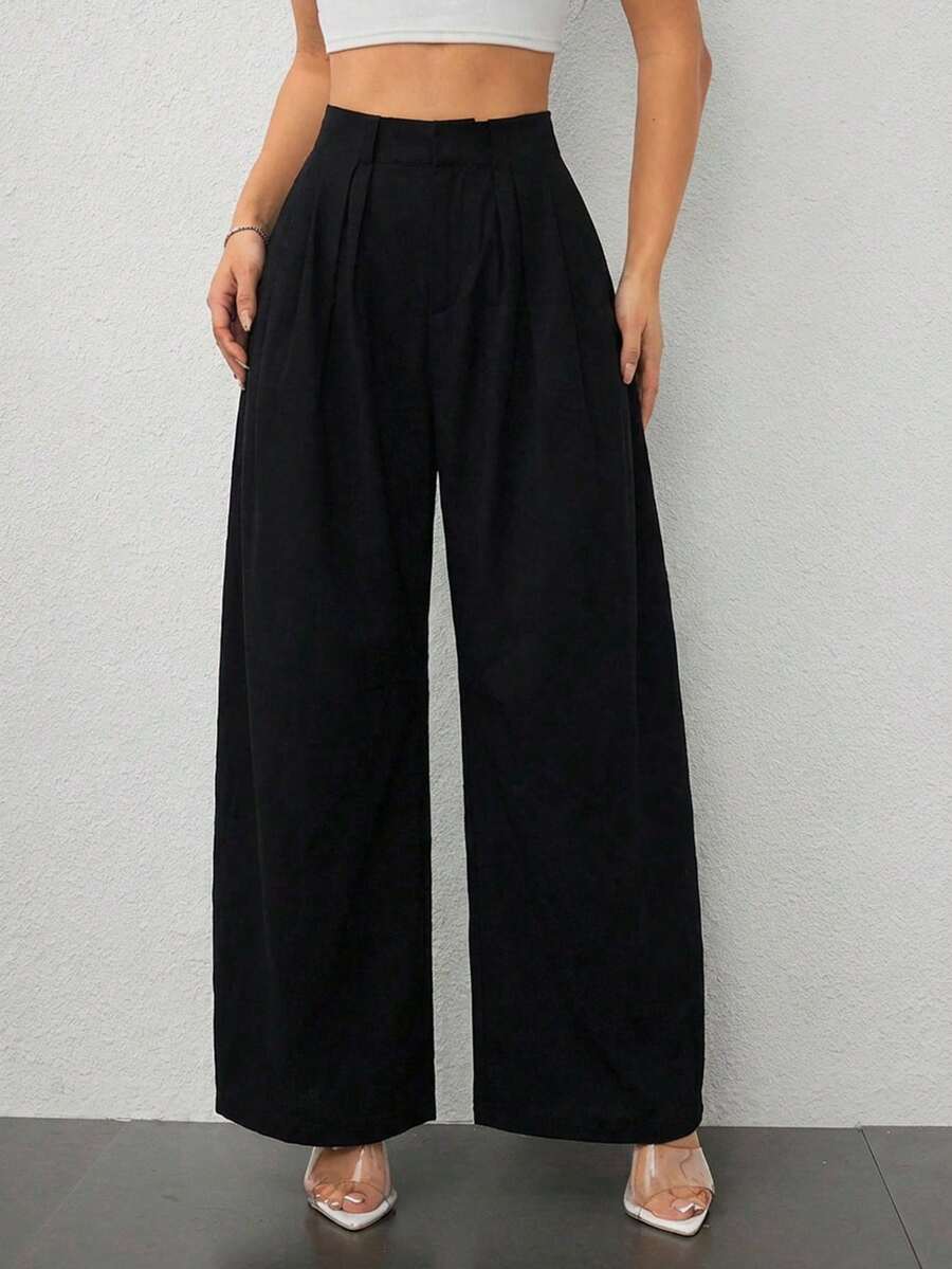 SHEIN PETITE Quần ống rộng xếp ly màu than chì trơn, kiểu dáng cơ bản, dành cho tiệc tùng của vợ trùm mafia.