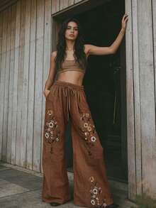 Balvessa Women's Drawstring Waist Floral Print Linen-Like Casual Pants - Coffee Brown - View 3