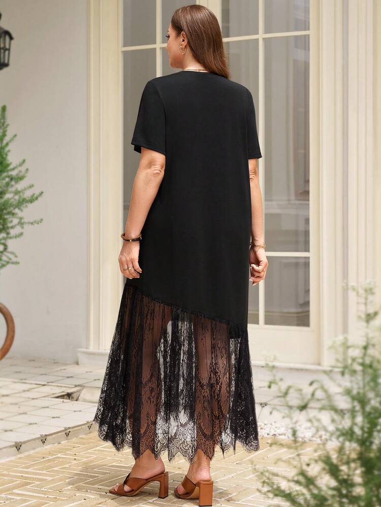 Plus Size Women's Asymmetrical Lace Patchwork Black Midi Dress, Spring/Summer,Summer Outfits,Beach Outfit For Women,Party Dress,Wedding Guest Dress For Women,Country Concert Outfit,Work Dresses For Women,Black Dresses For Women