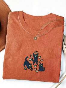 INAWLY Camiseta Casual Feminina de Manga Curta, Gola Redonda, Estampa de Gato Cartoon, Modelo Solto - Laranja - Visão 3