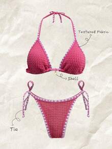 Elavelle Bộ bikini 2 mảnh vải jacquard màu trơn có viền bèo nhún dành cho nữ, màu hồng, mùa hè - Hồng - Xem 1