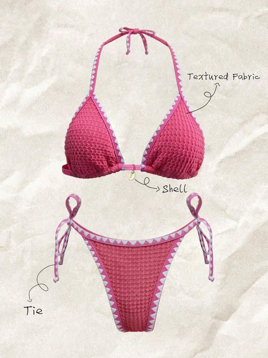 Elavelle Bộ bikini 2 mảnh vải jacquard màu trơn có viền bèo nhún dành cho nữ, màu hồng, mùa hè - Hồng - Xem 1