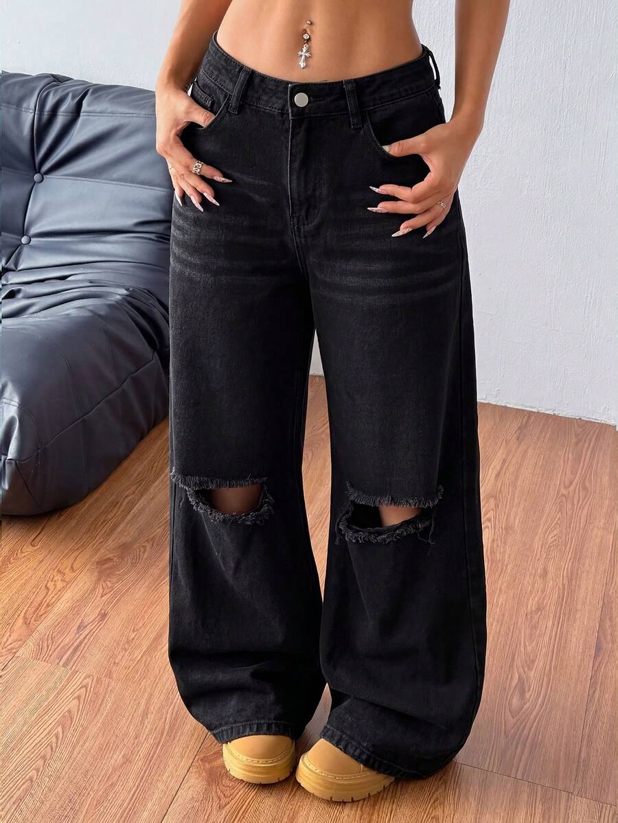 SHEIN PETITE CURVE 大码女装夏季黑色牛仔裤返校季可爱2000年代风格卡哇伊Y2K机场穿搭女装低调老钱图卢姆颓废韩版水洗阔腿棕色牛仔裤宽松牛仔裤阔腿牛仔裤 - 黑色 - 查看 1