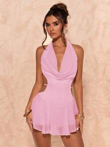 SHEIN BAE Summer Women Solid Chiffon Halterneck Backless Mini Dress - Baby Pink - View 5