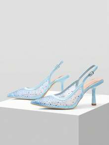 Mnmlis Women's High Heel Pointed Toe Rhinestone Mesh Stilettos, Sexy & Fashionable Spring Shoes Spring Break Easter Prom Heels - Light blue - View 5