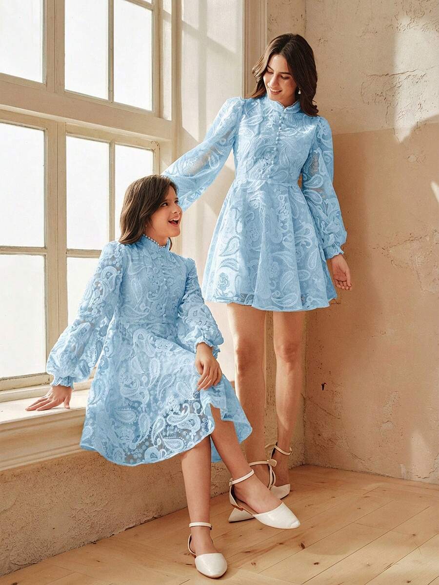 Anewsta Girls' Elegant 3D Lace A-Line Dress, Suitable For Children's Banquet, Birthday Party And Other Occasions, Spring/Summer - Blue - View 1