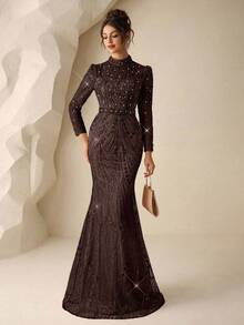 Coutiva Elegant High Neck Long Sleeve Mermaid Formal Evening Dress,Sequin Embroidery Pearl Rhinestone Design Ball Gowns For Wedding Guests & Dinner Parties - Brown - View 3