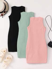 SHEIN Conjunto de 3 vestidos casuales sin mangas de cuello redondo de punto de unicolor para niñas preadolescentes - Multicolor - Ver 2