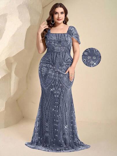 Coutiva Plus Size Elegant Luxury Beaded Rhinestone Contrast Bubble Bead Mermaid Dress, Elegant Evening Dress, Suitable For Cocktail Party, Dance Wedding Guest Dress, Suitable For Graduation Ceremony, Dinner Party