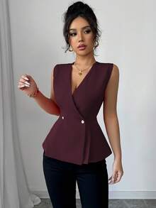 Elenzga Áo kiểu nữ thanh lịch, thoải mái, màu trơn, cổ chữ V, cài khuy kim loại, dáng chữ A, không tay, thích hợp cho kỳ nghỉ và đi làm, mùa xuân/hè. - Màu Tím - Xem 3